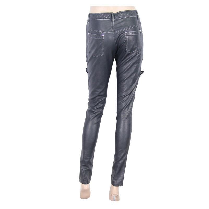 DEVIL FASHION Women's Low Rise Skinny Leather Punk Trousers
