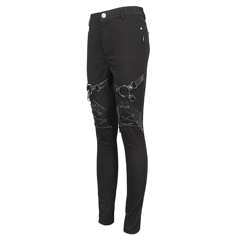 DEVIL FASHION Women's Punk Buckle Splice Skinny Pants