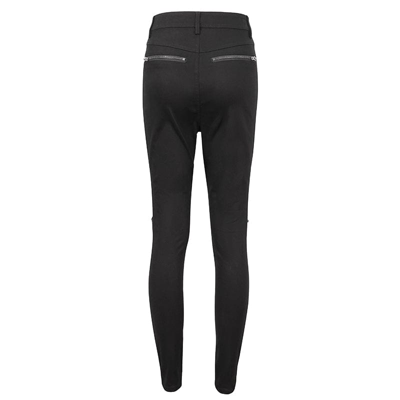 DEVIL FASHION Women's Punk Buckle Splice Skinny Pants