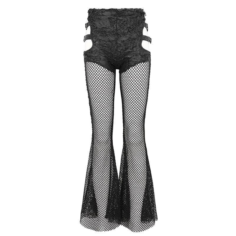 DEVIL FASHION Women's Punk Cutout Mesh Splice Ripped Pants