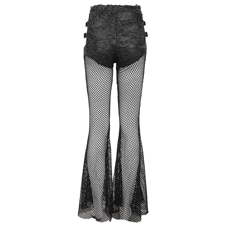 DEVIL FASHION Women's Punk Cutout Mesh Splice Ripped Pants