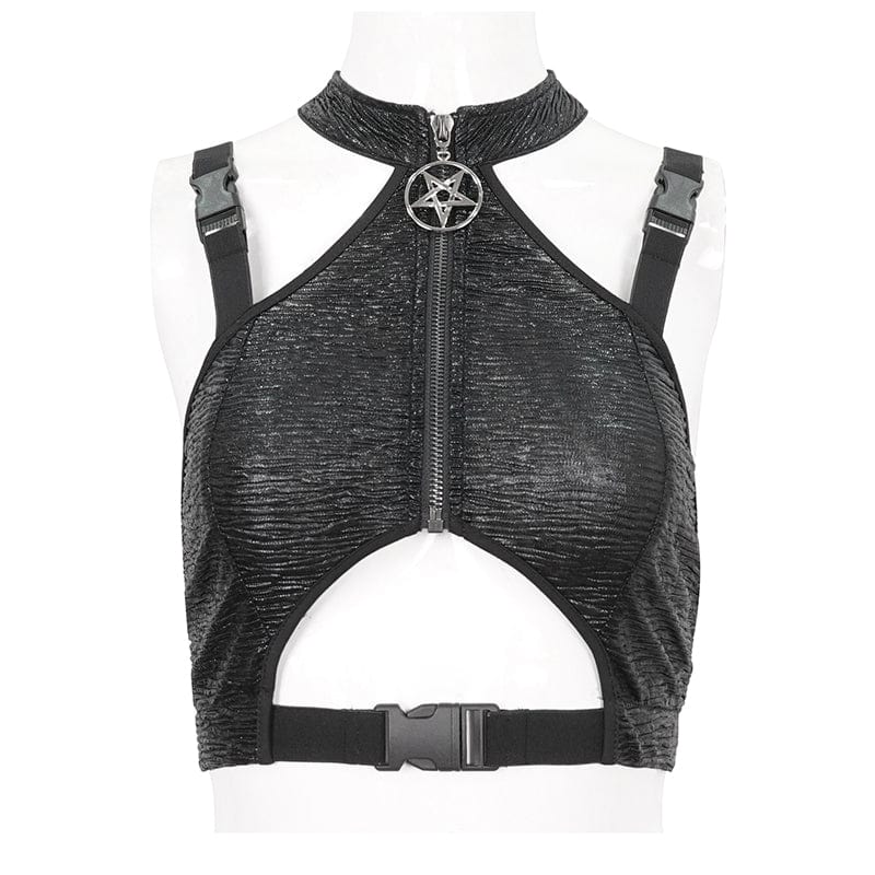 DEVIL FASHION Women's Punk Cutout Star Buckle Vest