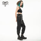 DEVIL FASHION Women's Punk Faux Leather Ankle Banded Pants With Metal Chain