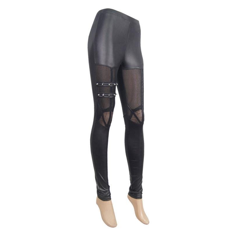 DEVIL FASHION Women's Punk Faux Leather Net & Strap Leggings