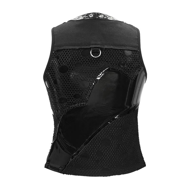 Women's Punk Faux Leather Splicing Mesh Vests With Rivets