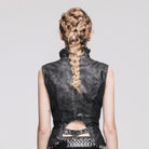 DEVIL FASHION Women's Punk Faux Leather Waistcoat With Leather Frills