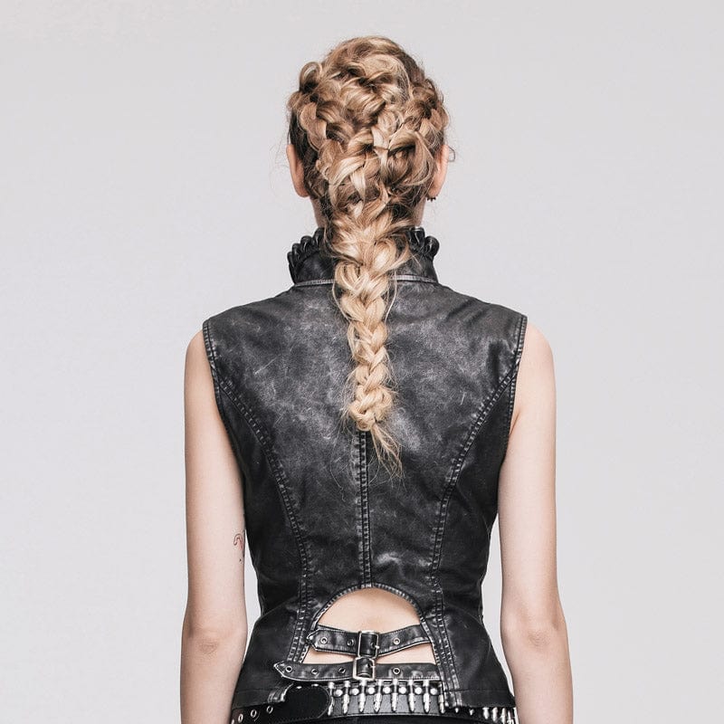 DEVIL FASHION Women's Punk Faux Leather Waistcoat With Leather Frills