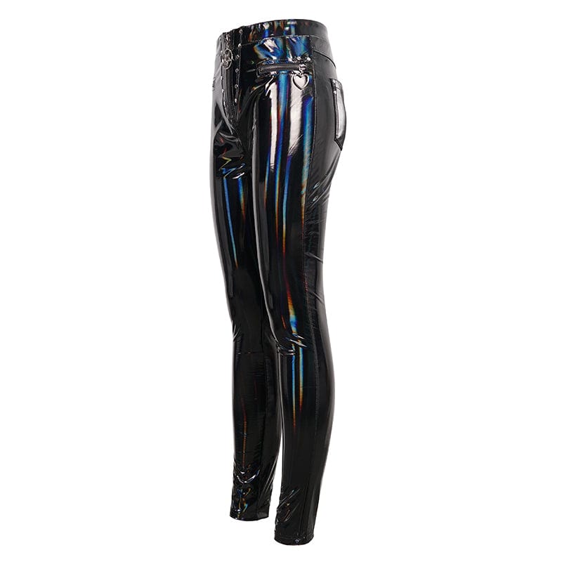 DEVIL FASHION Women's Punk Faux Patent Leather Star Zipper Leggings