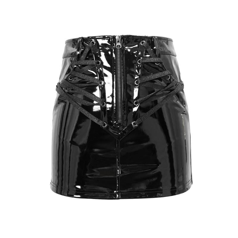 Women's Punk Front-zip Lace-up Faux Leather Skirts