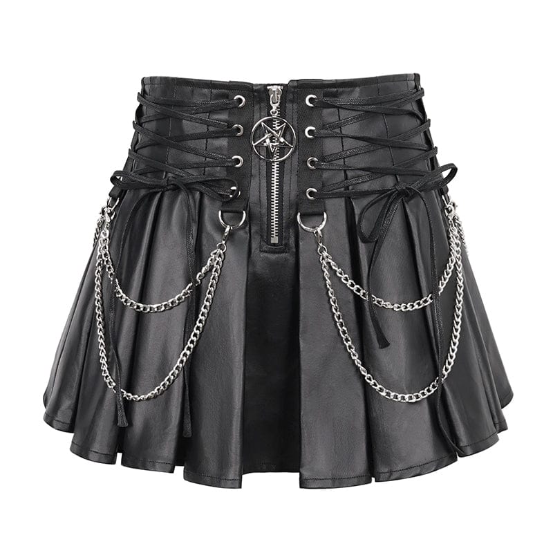 DEVIL FASHION Women's Punk High-waisted Pleated Skirt with Chain