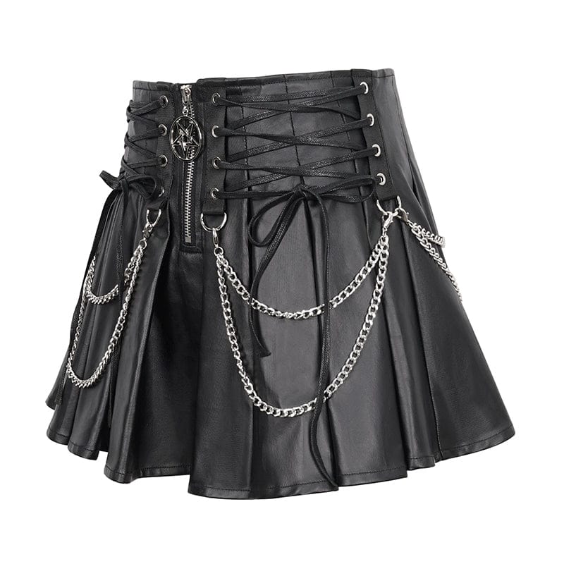 DEVIL FASHION Women's Punk High-waisted Pleated Skirt with Chain