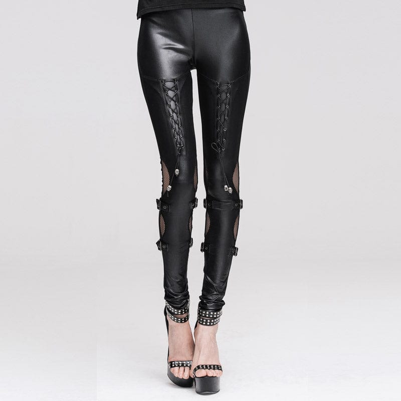 DEVIL FASHION Women's Punk Lacing-up Cutout Faux Leather Leggings