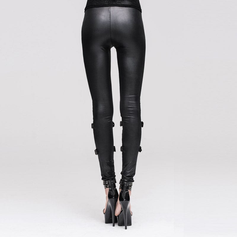 DEVIL FASHION Women's Punk Lacing-up Cutout Faux Leather Leggings