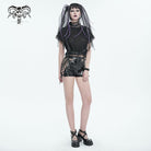 DEVIL FASHION Women's Punk Mesh Splice Patent Leather Shorts