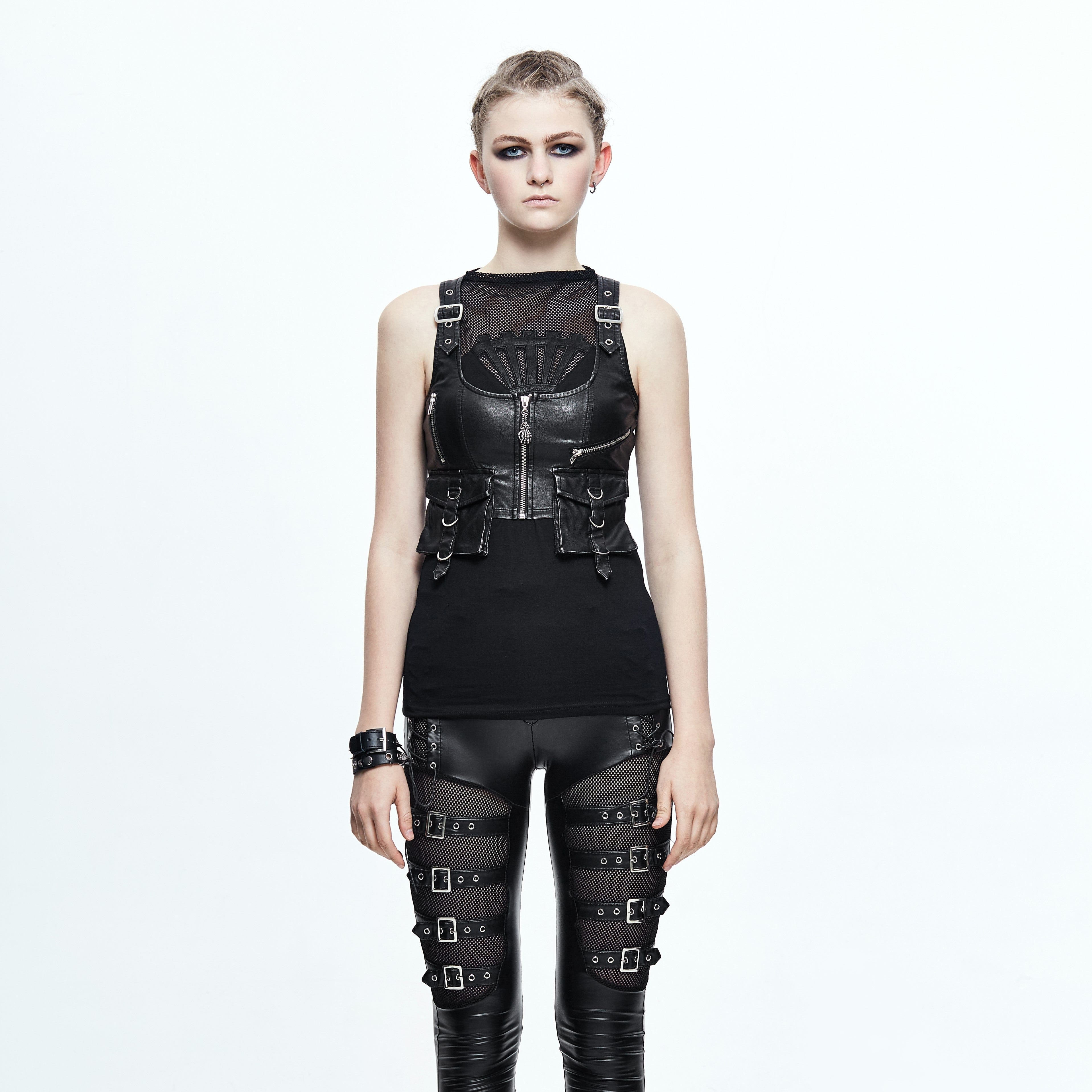 DEVIL FASHION Women's Punk Military Style Faux Leather Vest with Pockets