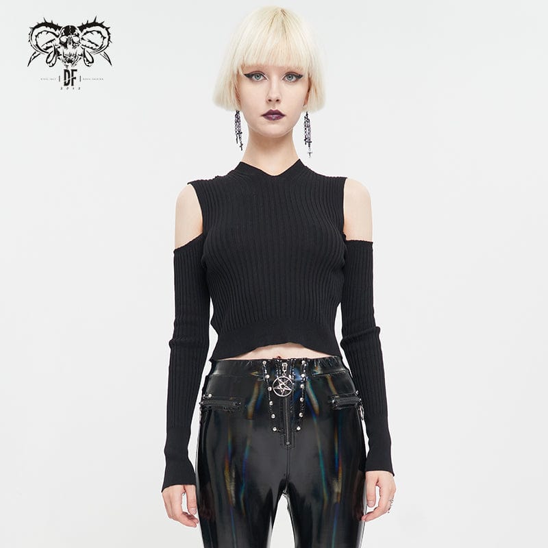 DEVIL FASHION Women's Punk Off Shoulder Cutout Knitted Long Sleeved Crop Top
