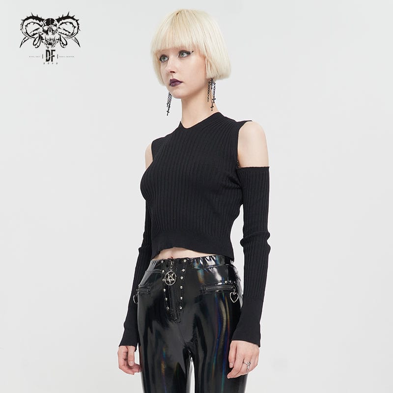 DEVIL FASHION Women's Punk Off Shoulder Cutout Knitted Long Sleeved Crop Top