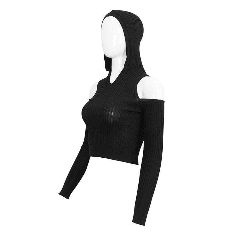 DEVIL FASHION Women's Punk Off Shoulder Cutout Knitted Long Sleeved Crop Top