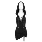 DEVIL FASHION Women's Punk Plunging Drawstring Halterneck Dress with Hood
