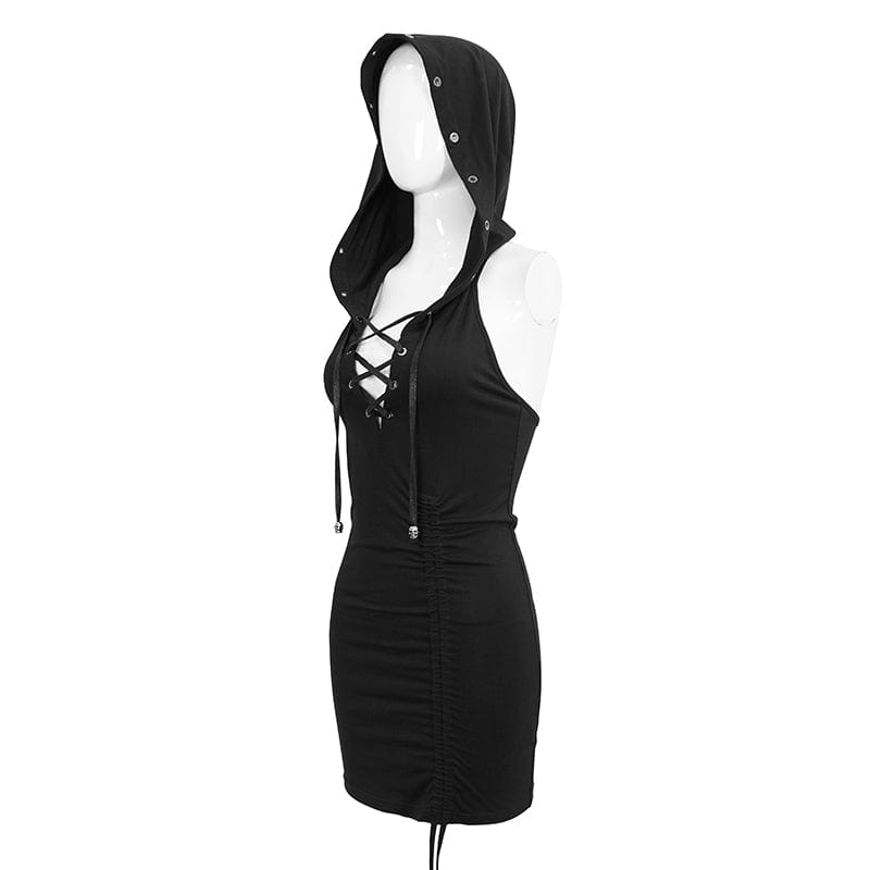 DEVIL FASHION Women's Punk Plunging Drawstring Halterneck Dress with Hood