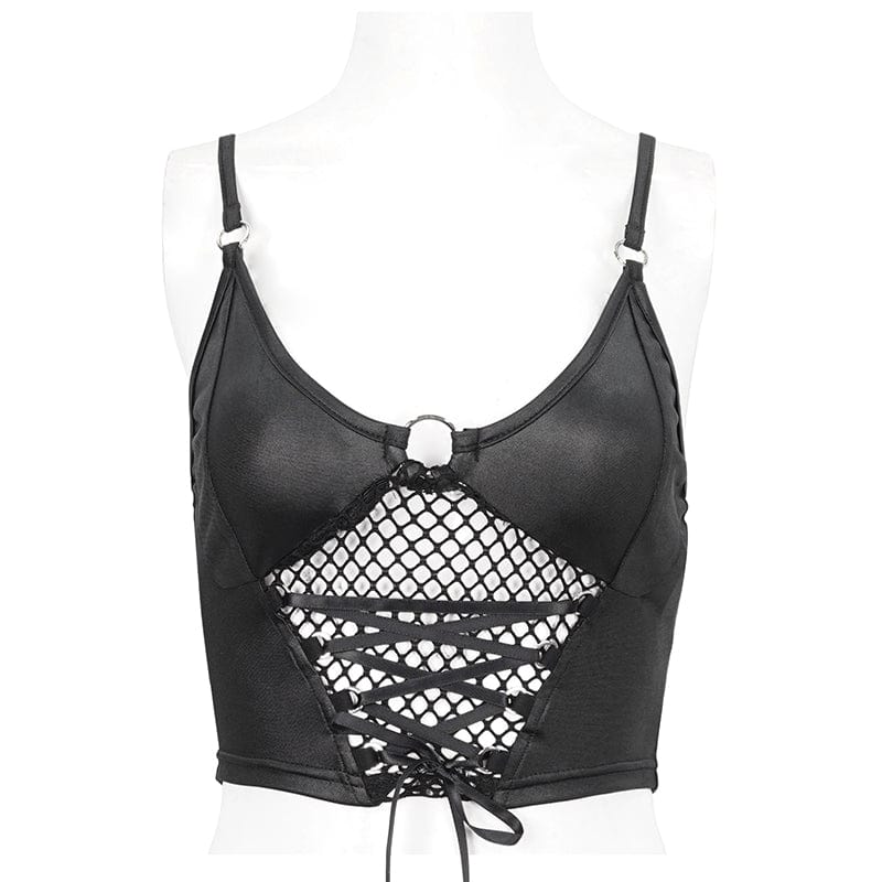 DEVIL FASHION Women's Punk Plunging Mesh Splice Tank Top