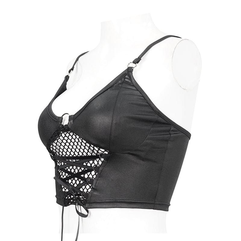 DEVIL FASHION Women's Punk Plunging Mesh Splice Tank Top