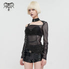 DEVIL FASHION Women's Punk Stand Collar Slash Shoulder Sheer Shirt