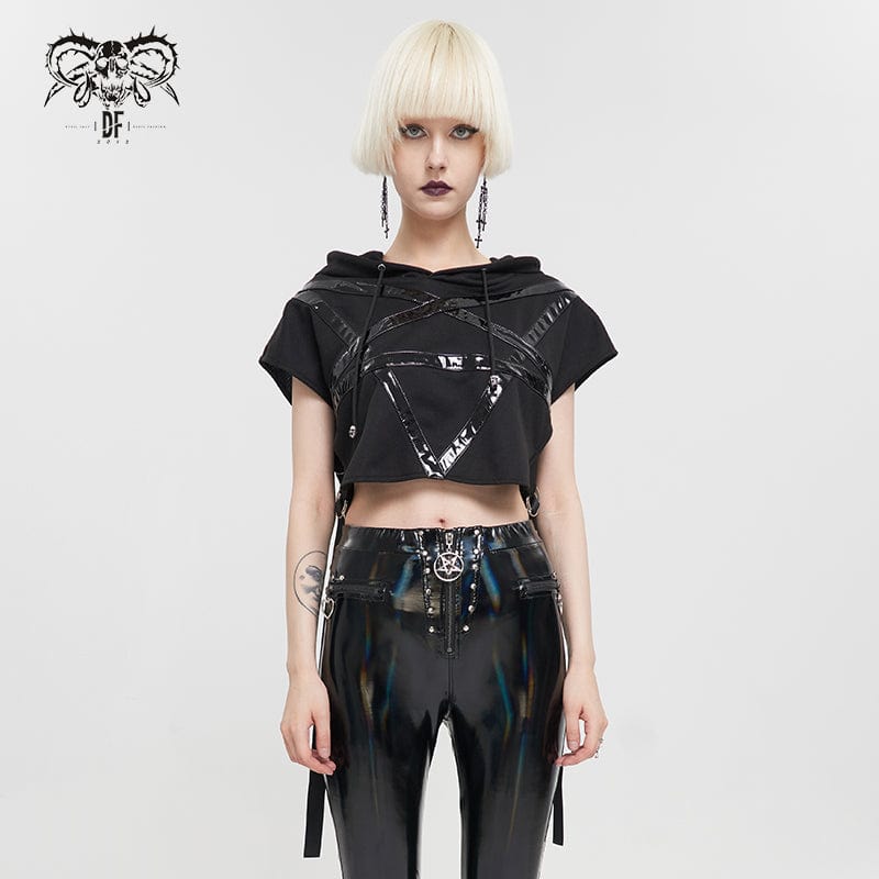 DEVIL FASHION Women's Punk Strap Splice Asymmetric Short Sleeved Crop Top
