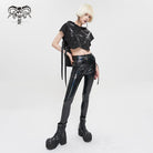DEVIL FASHION Women's Punk Strap Splice Asymmetric Short Sleeved Crop Top