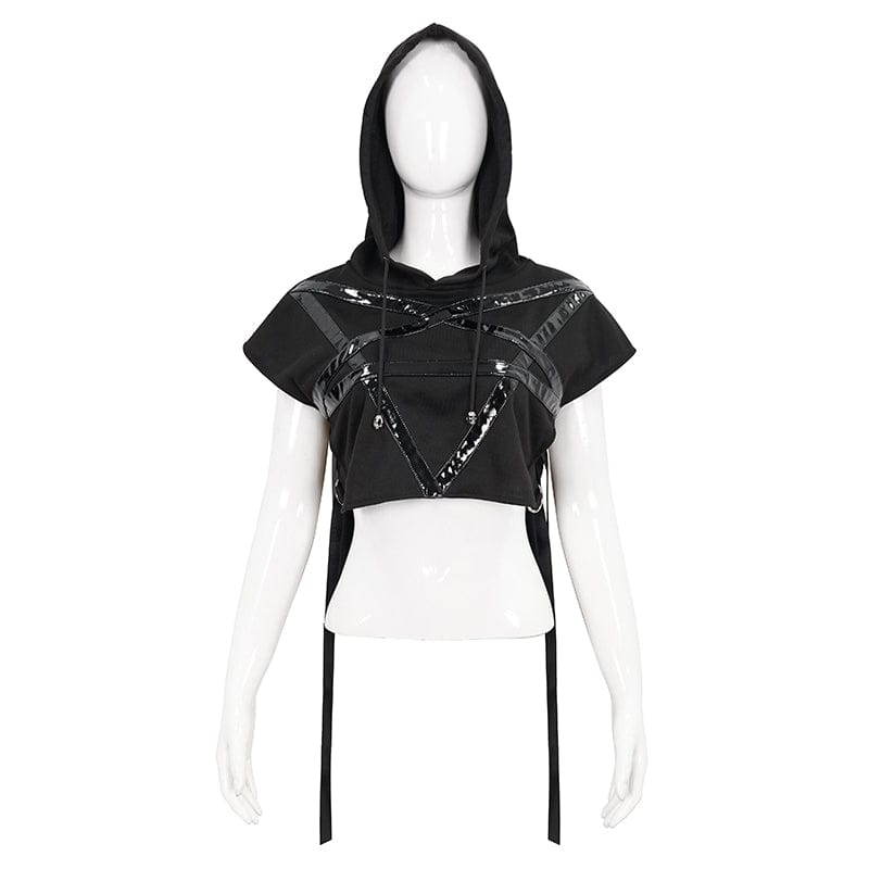 DEVIL FASHION Women's Punk Strap Splice Asymmetric Short Sleeved Crop Top