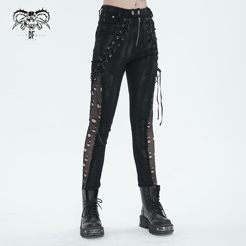 DEVIL FASHION Women's Punk Strappy Mesh Splice Distressed Leggings