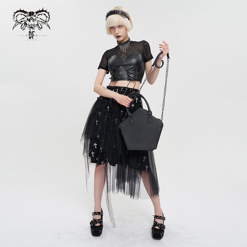 DEVIL FASHION Women's Punk Strappy Mesh Splice Faux Leather Crop Top