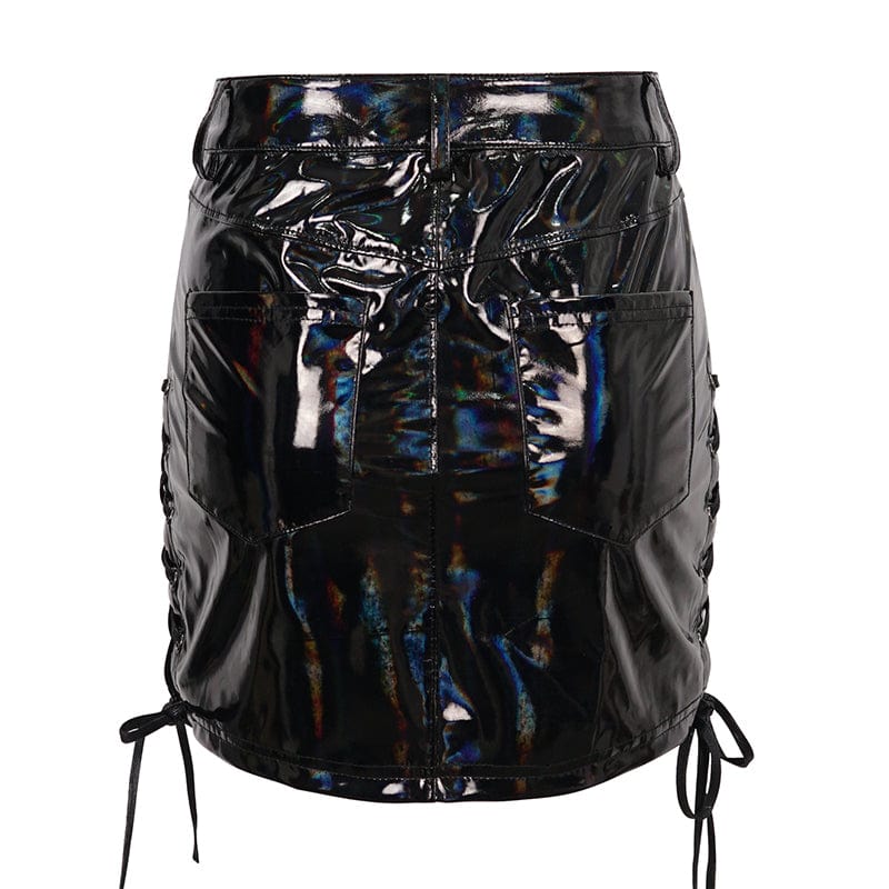 DEVIL FASHION Women's Punk Strappy Patent Leather Skirt