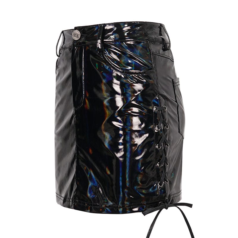 DEVIL FASHION Women's Punk Strappy Patent Leather Skirt