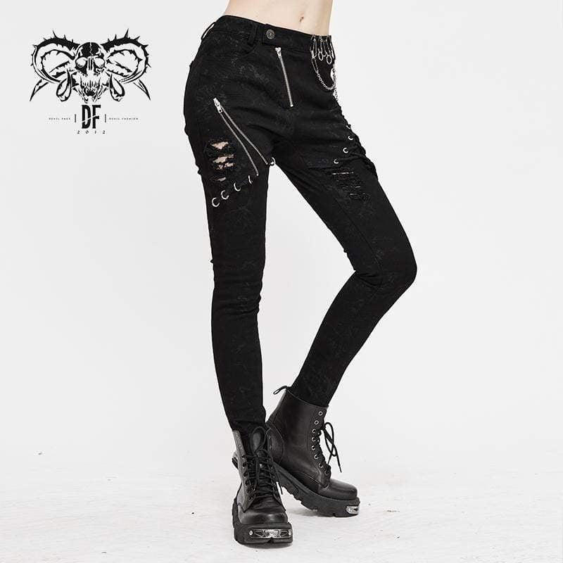 Women's Punk Zip Strappy Chains Pants