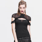 DEVIL FASHION Women's Short cutaway Sleeves and Peekaboo Neck Punk T-Shirt
