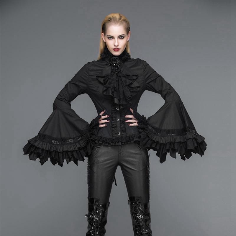 DEVIL FASHION Women's Vintage Short Ruffled Top With Trumpet Sleeves