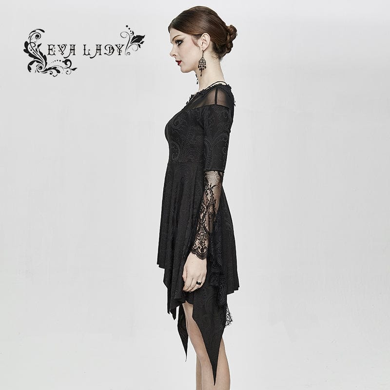 EVA LADY Women's Boat Neck Jacquard Sheer Lace Sleeved Dresses