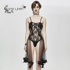 EVA LADY Women's Full Sheer Floral Lace Bustiers Rompers With Hem