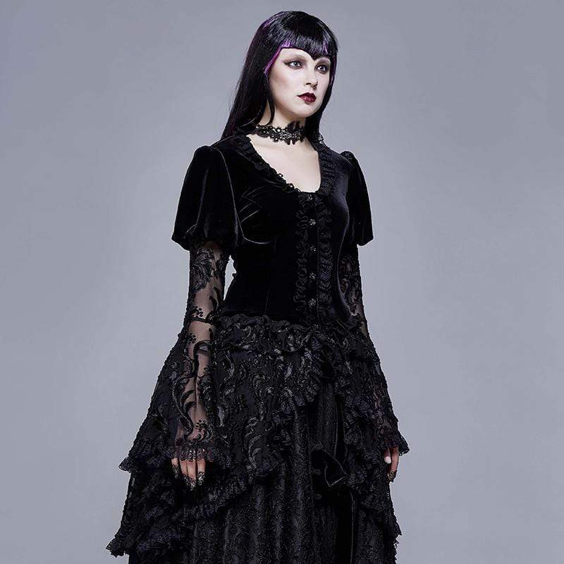 EVA LADY Women's Goth V-neck Lace Sleeved Velet Jacket