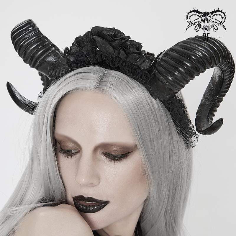 Women's Gothic Black Devil Horn and Roses Headwears