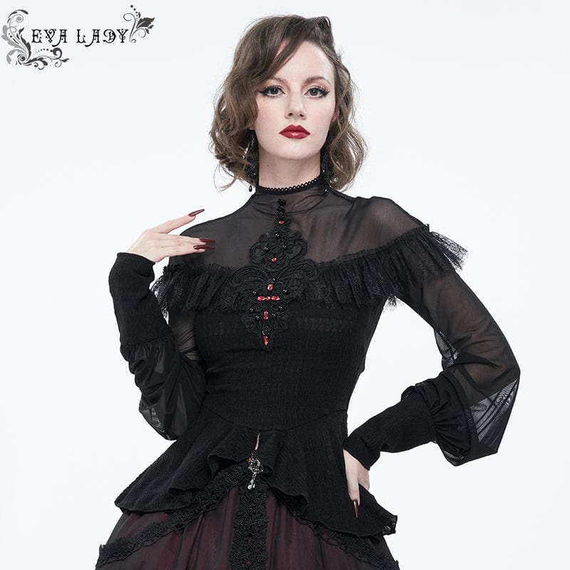 EVA LADY Women's Gothic Cape Sleeved Lace Ruffles Shirt