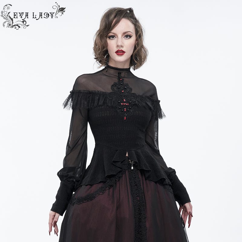 EVA LADY Women's Gothic Cape Sleeved Lace Ruffles Shirt