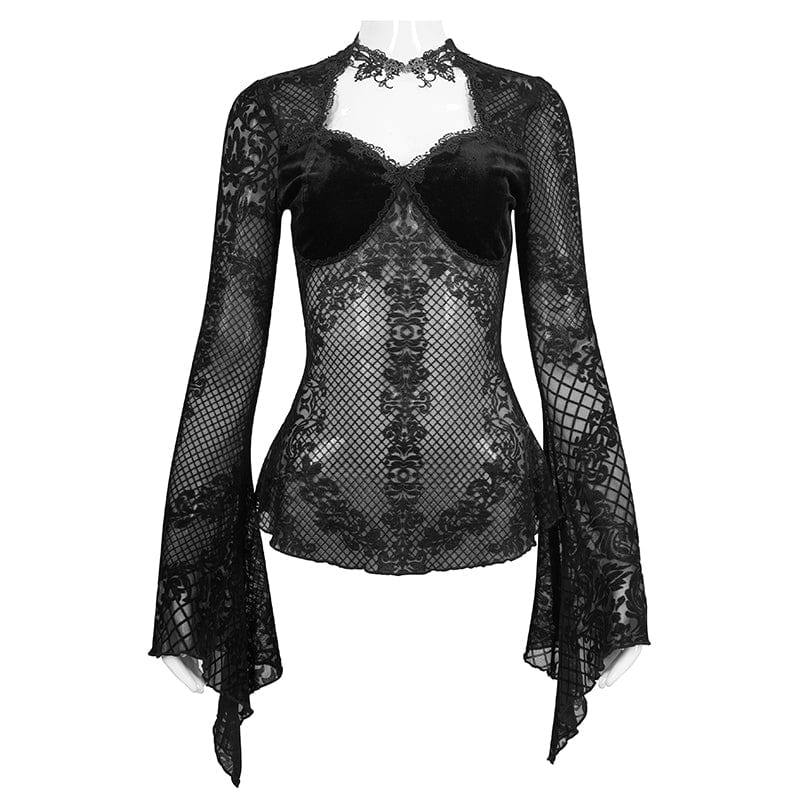 EVA LADY Women's Gothic Cutout Flare Sleeved Lace Shirt