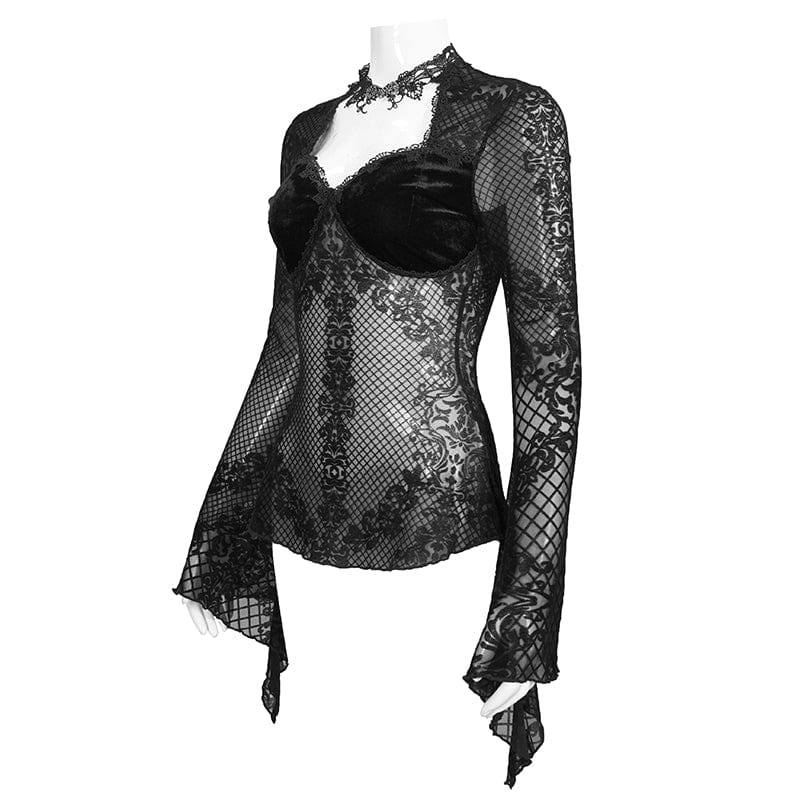 EVA LADY Women's Gothic Cutout Flare Sleeved Lace Shirt