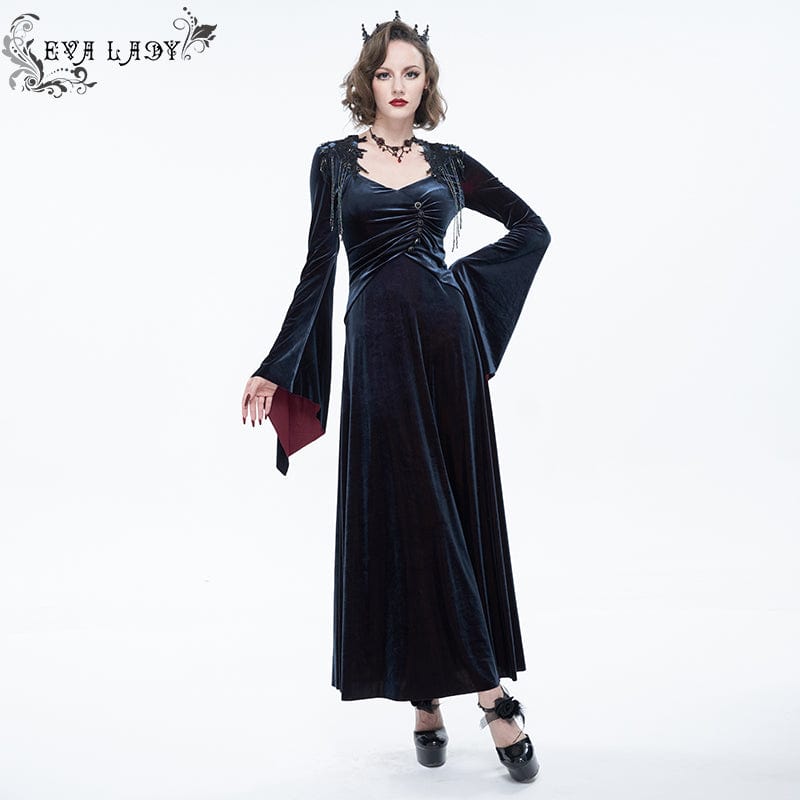 EVA LADY Women's Gothic Flare Sleeved Velet Maxi Dress With Shoulder Boards Dark Blue