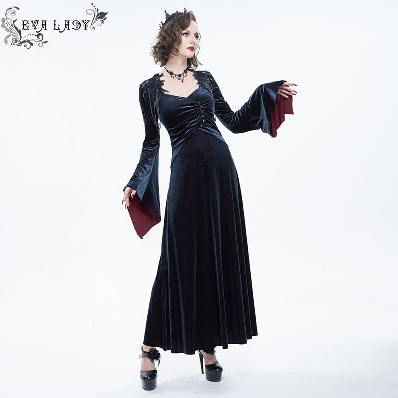 EVA LADY Women's Gothic Flare Sleeved Velet Maxi Dress With Shoulder Boards Dark Blue