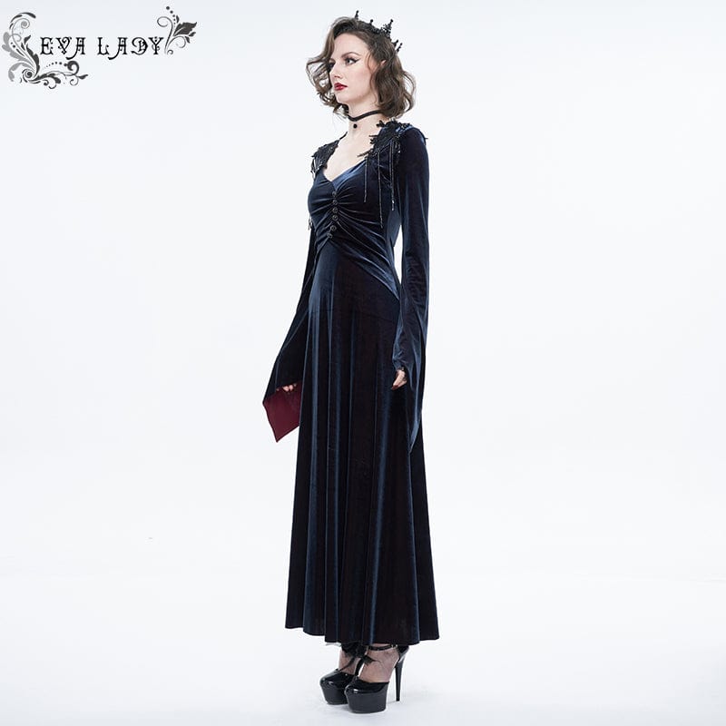 EVA LADY Women's Gothic Flare Sleeved Velet Maxi Dress With Shoulder Boards Dark Blue