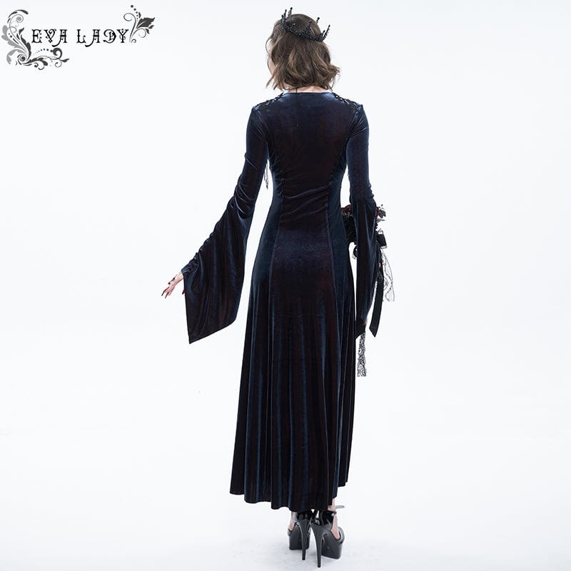 EVA LADY Women's Gothic Flare Sleeved Velet Maxi Dress With Shoulder Boards Dark Blue