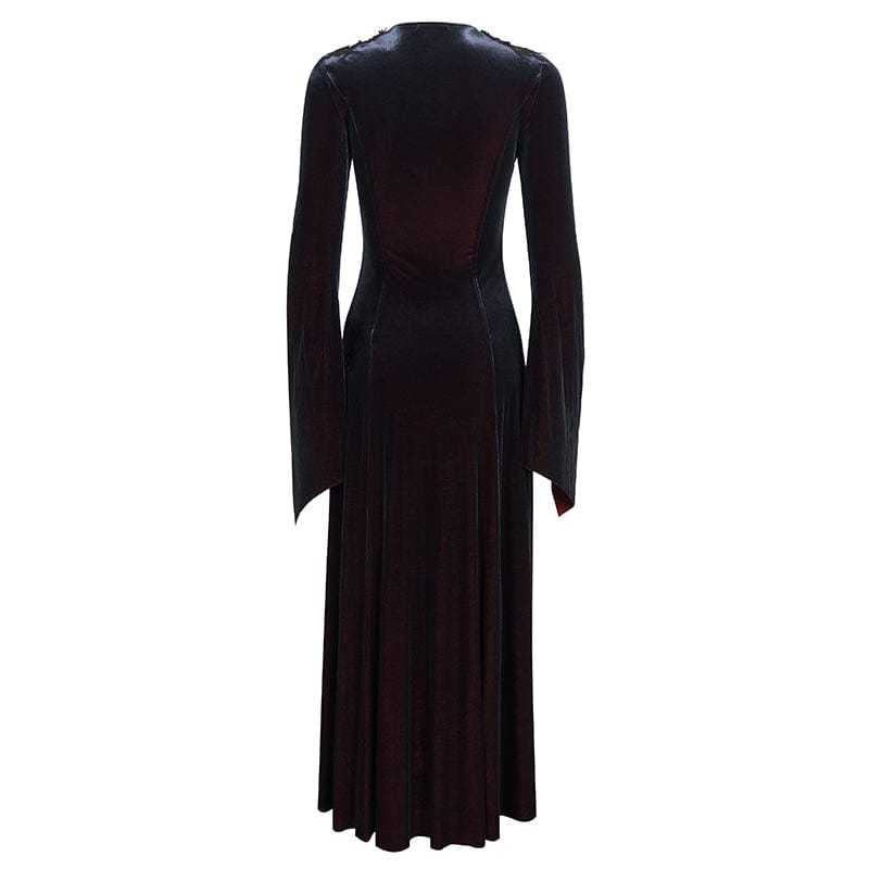 EVA LADY Women's Gothic Flare Sleeved Velet Maxi Dress With Shoulder Boards Dark Blue